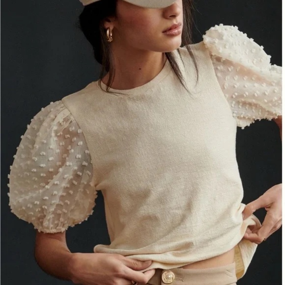 Anthropologie Cream Textured Puff Sleeve Blouse